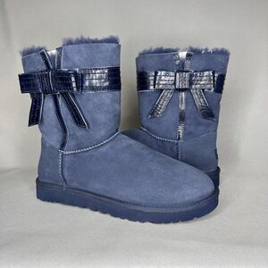 NEW Womens 11 UGG Boots Bailey Bow Josette Midnight Blue Leather Bow Suede Rare